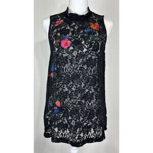Ann Taylor LOFT Black Lace Floral Embroidered Sleeveless Blouse Size Small (4/6)
